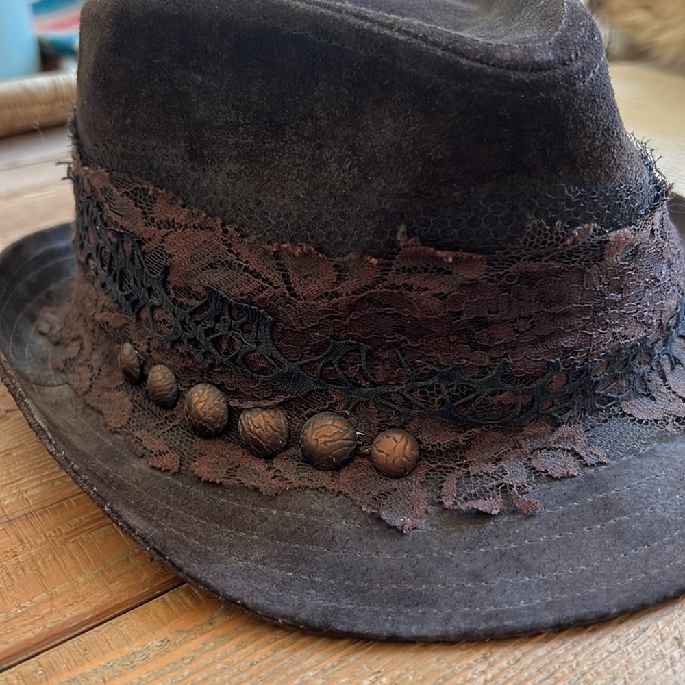 Custom design Burning Man Victorian Edwardian Fedora Hat Brown Suede Medium